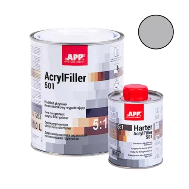Сірий двокомпонентний акриловий грунт-наповнювач APP AcrylFiller 501 5:1 + затверджувач - 1.2л (комплект) Сірий двокомпонентний акриловий грунт-наповнювач APP AcrylFiller 501 5:1 + затверджувач - 1.2л (комплект)