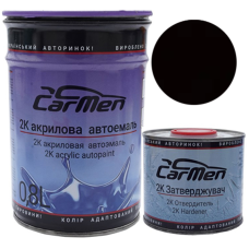 Двокомпонентна акрилова автоемаль CarMen 2:1, ЕКСТРА ЧОРНА - 0,8л + затверджувач 0,4л (комплект)
