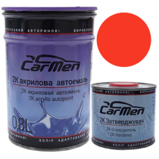 Двокомпонентна акрилова автоемаль CarMen 2:1, ЕКСТРА ЯСКРАВО-ЧЕРВОНА - 0,8л + затверджувач 0,4л (комплект)