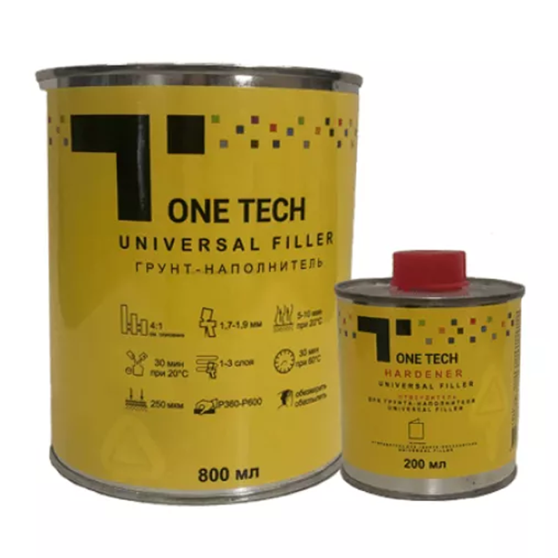 Сірий акриловий ґрунт-наповнювач One Tech Universal Filler 4:1 HS + затверджувач. Комплект - 1л.